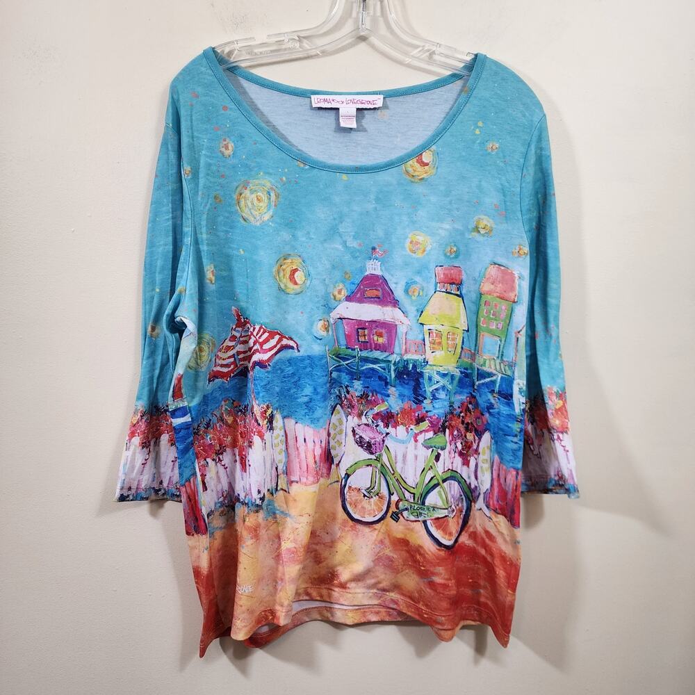 Leoma Lovegrove 3/4 sleeve colorful ocean / beach scene vneck shirt woman's sz L
